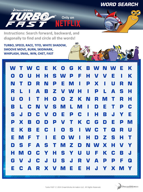 Turbo Fast Word Search, Turbo Fast, Free Printable