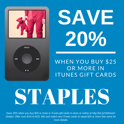 Staples iTunes 20% off $25 purchase
