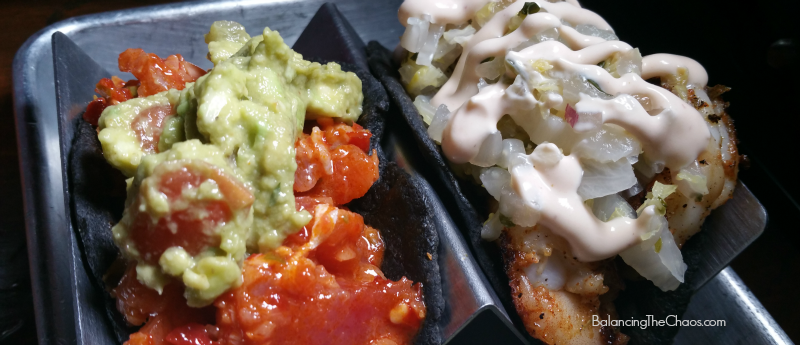 Pour Vida Spicy Ahi taco and Jumbo Prawn taco