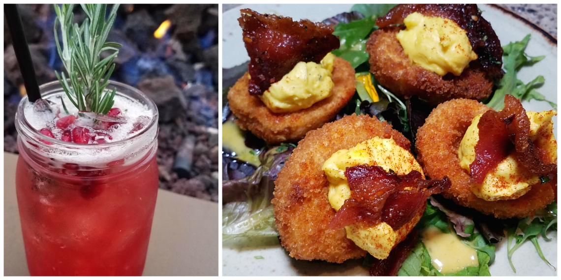 Pomegranate Punch and Crispy Deviled Eggs from Lazy Dog Fall Menu
