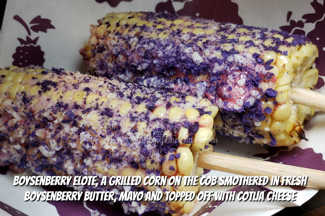 Boysenberry elote, a grilled corn on the cob smothered in fresh boysenberry butter, mayo and topped off with cotija cheese
Knott's Berry Farm Boysenberry Festival