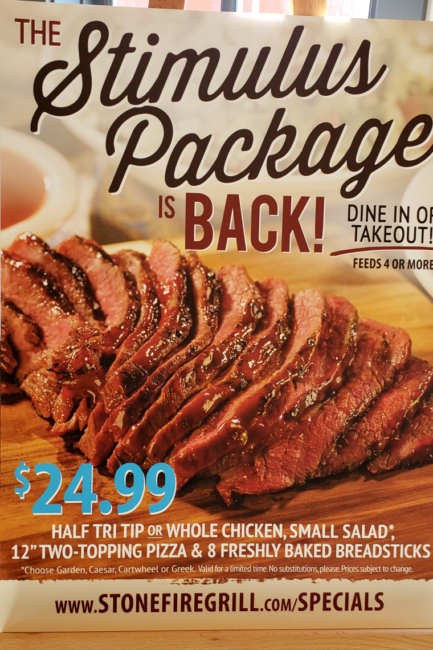 Stimulus package at Stonefire Grill