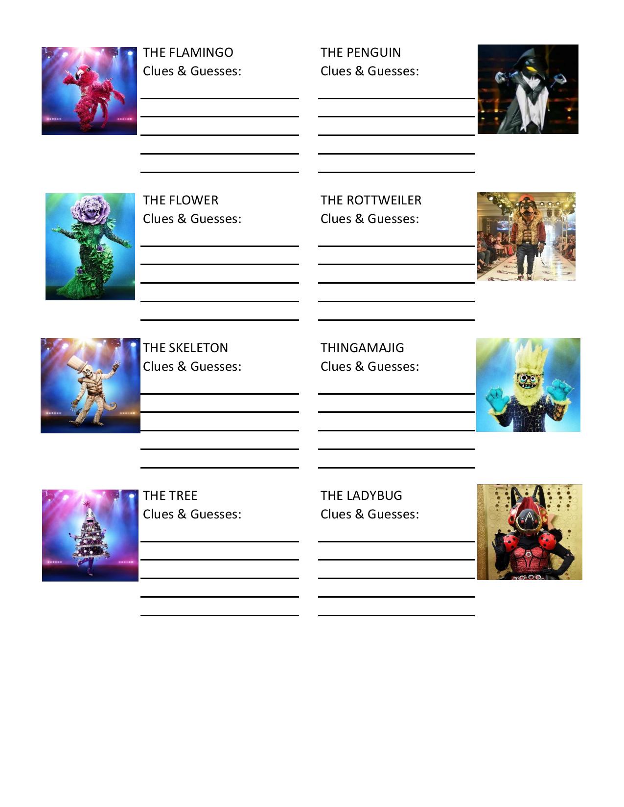 The Masked Singer FREE Printable Guessing Sheet