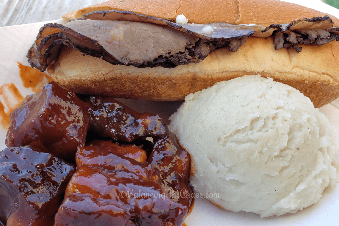 Grim Reaper Sandwich-Prime Rib Sandwich and Burnt End Riblets with Garlic Mashers