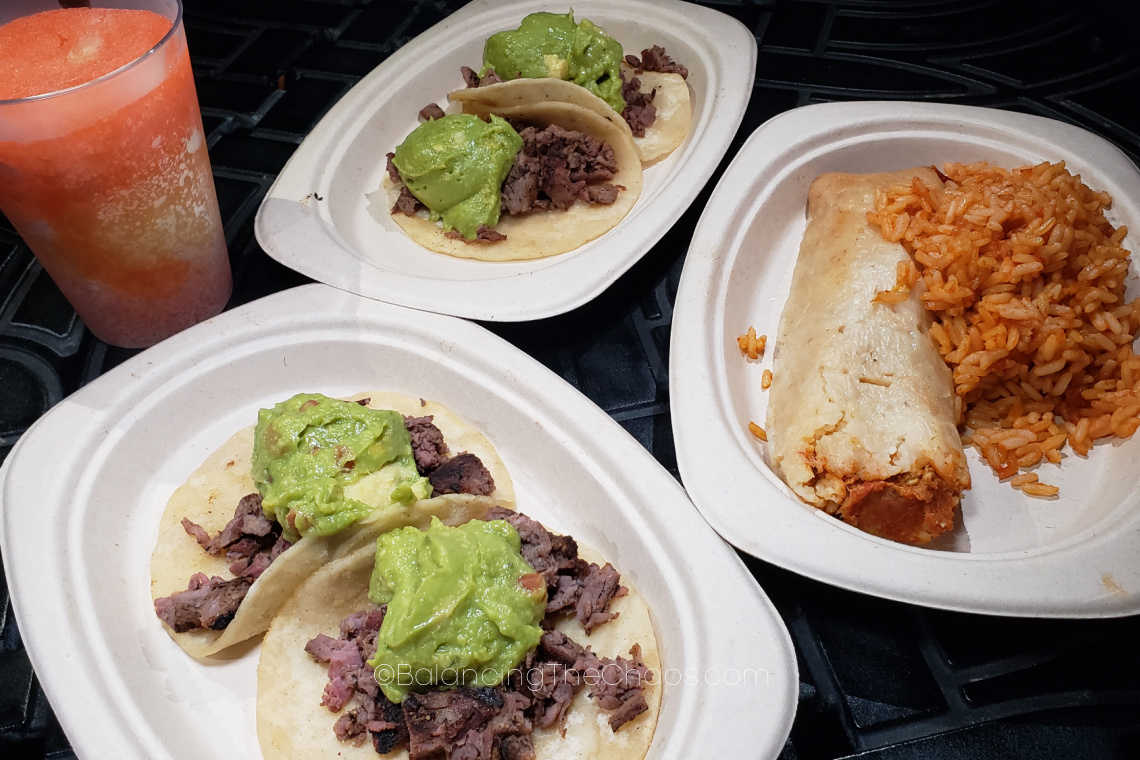 Carne Asada Street Tacos with Guacamole and Pork Tamale with Salsa Roja and Spanish Rice