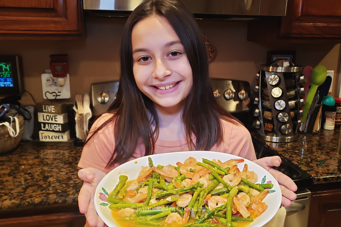 Kid Friendly Shrimp asparagus and tomato dish