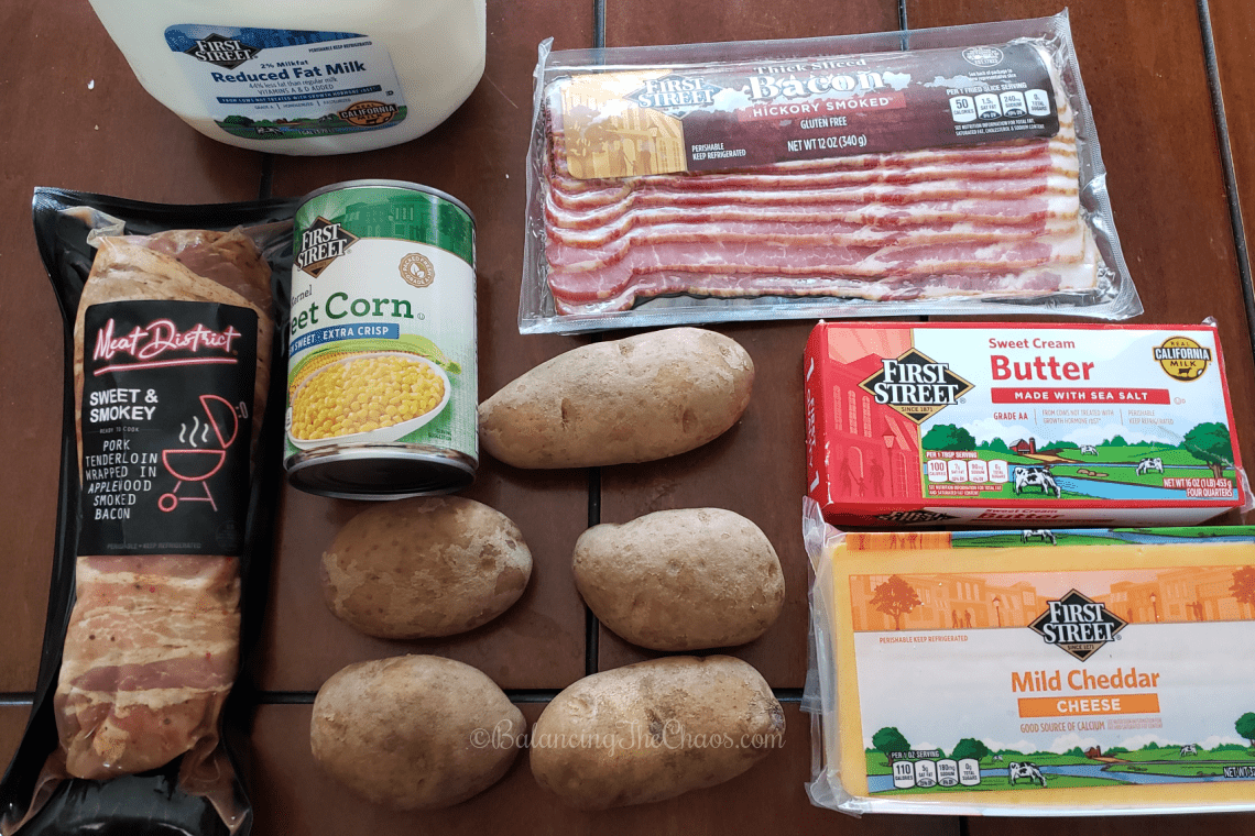 Ingredients for our family dinner, including our scalloped potatoes with bacon