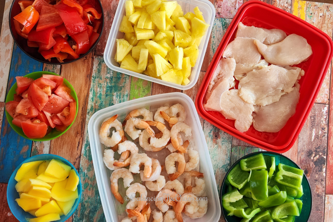 Preparing veggies for kabobs